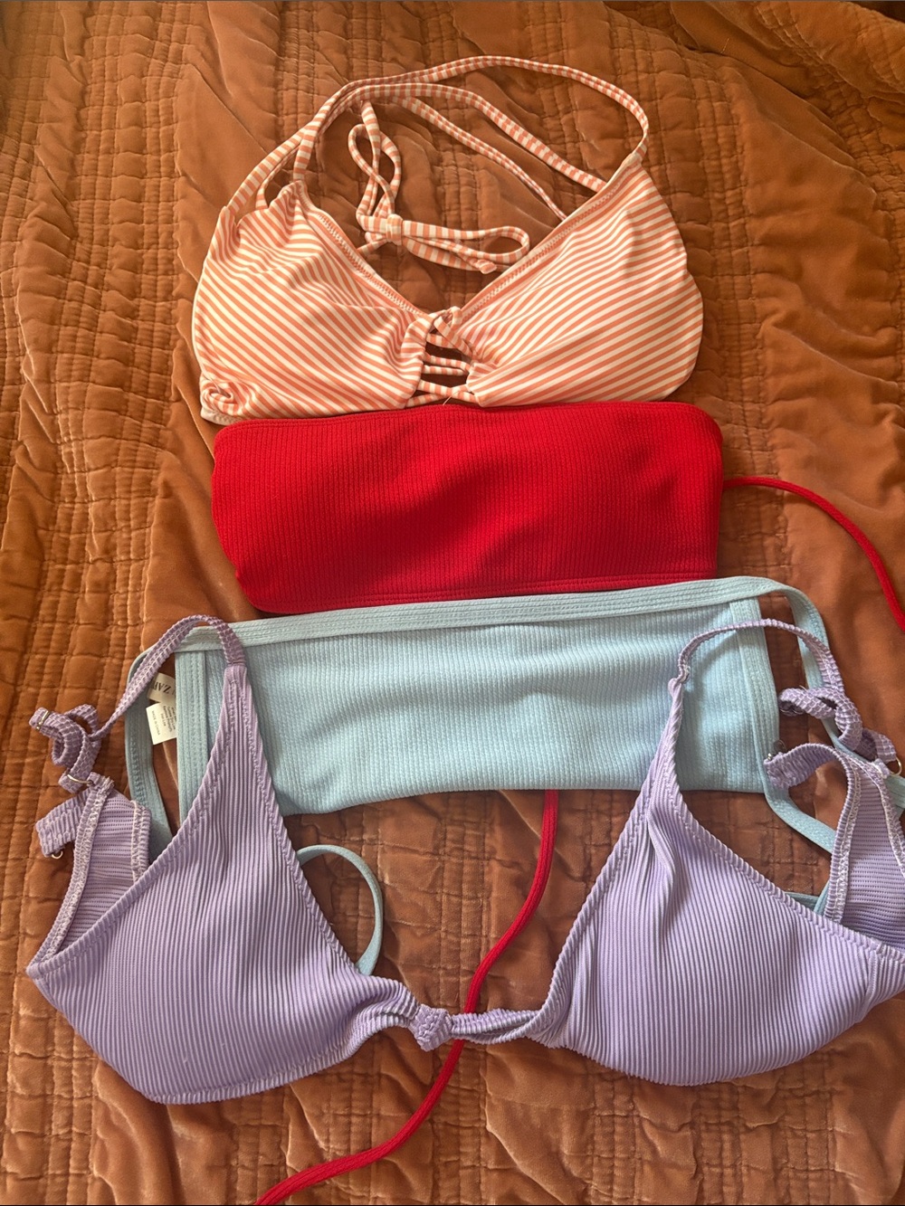 Striped Peach, Red, Light Blue & Lavender Bikini Tops Zaful